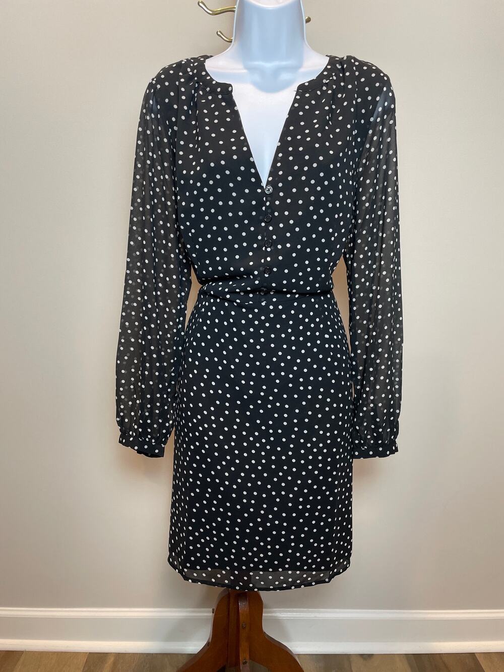 Black White Polka Dot Long Sleeve Chiffon Blouson Dress Size Large